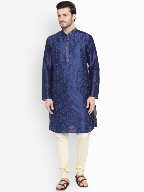 

indus route by Pantaloons Men Blue Embroidered Straight Kurta