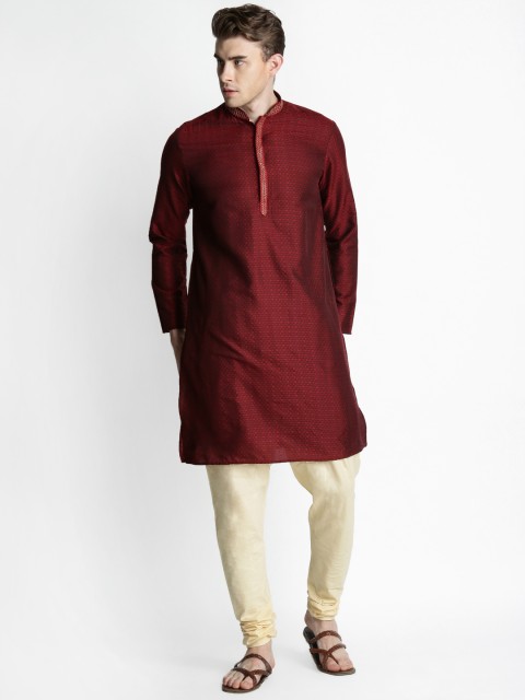 

indus route by Pantaloons Men Maroon Woven Design Straight Kurta