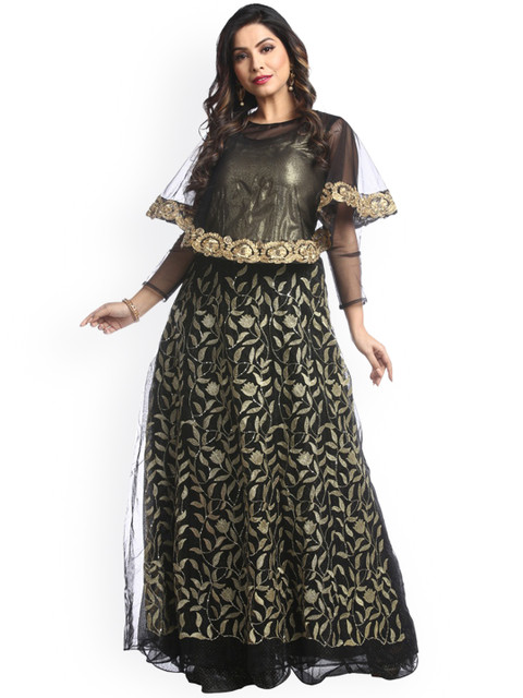 

Chhabra 555 Black Poly Georgette Semi-Stitched Embroidered Dress Material