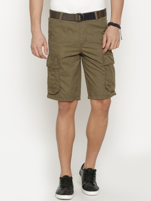 

t-base Men Olive Green Solid Regular Fit Cargo Shorts