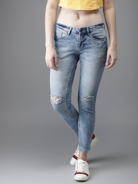 

HERE&NOW Women Blue Skinny Fit Mid-Rise Slash Knee Stretchable Cropped Jeans