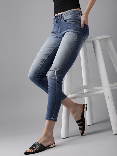 

HERE&NOW Women Blue Skinny Fit Mid-Rise Mildly Distressed Stretchable Cropped Jeans