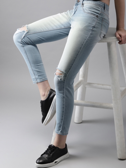 

HERE&NOW Women Blue Skinny Fit Mid-Rise Slash Knee Stretchable Cropped Jeans