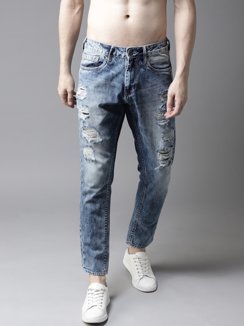 

HERE&NOW Men Blue Slim Tapered Fit Mid-Rise Highly Distressed Cropped Jeans