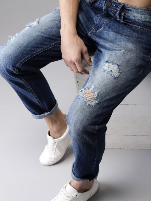 

HERE&NOW Men Blue Cropped Slim Tapered Fit Mid-Rise Highly Distressed Jeans