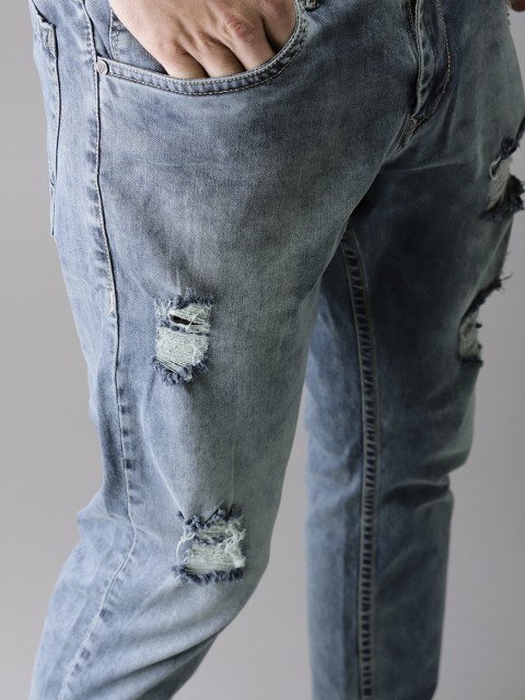

HERE&NOW Men Blue Tapered Fit Mid-Rise Cropped Mildly Distressed Stretchable Jeans