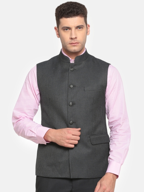 

Van Heusen Charcoal Grey & Navy Checked Slim Fit Nehru Jacket