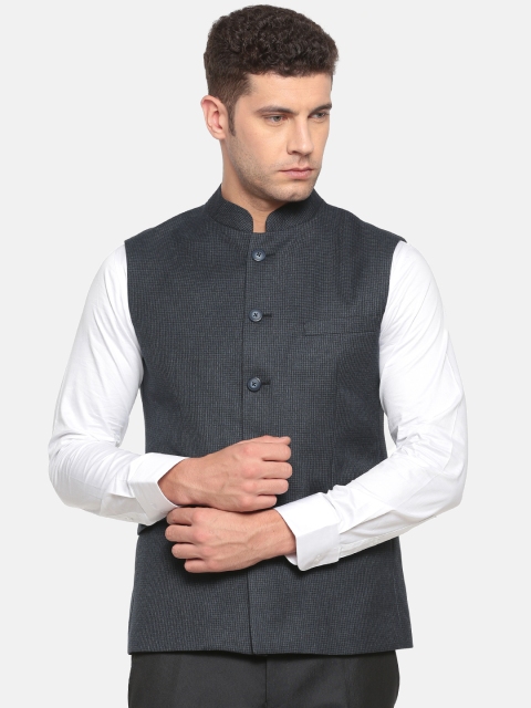 

Van Heusen Black & Blue Checked Slim Fit Nehru Jacket