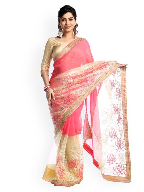 

Chhabra 555 Pink & Gold-Toned Net Embroidered Saree