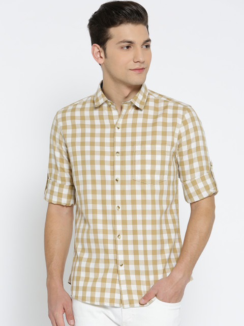 

John Players Men Mustard Yellow & White Trim Fit Checked Casual Shirt