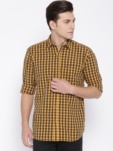 

John Players Men Mustard Yellow & Navy Blue Regular Fit Checked Casual Shirt