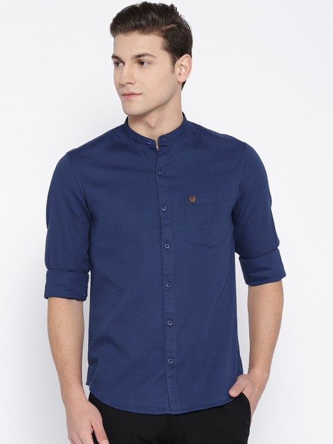 

John Players Men Navy Blue Trim Fit Self-Design Casual Shirt