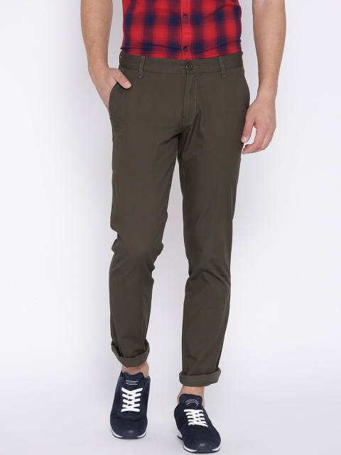 

John Players Men Olive Green Slim Fit Solid Regular Trousers