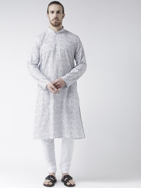 

DEYANN Men White Printed Linen Kurta with Cotton Blend Pyjamas