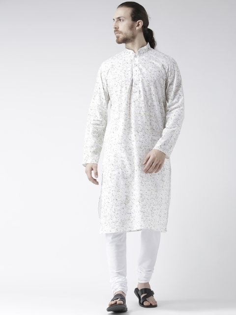

DEYANN Men White Printed Linen Kurta with Cotton Blend Pyjamas