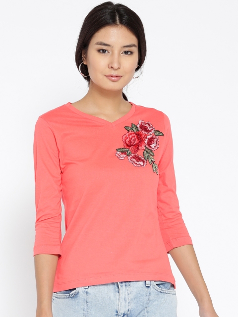 

Style Quotient Women Coral Pink Solid V-Neck T-shirt