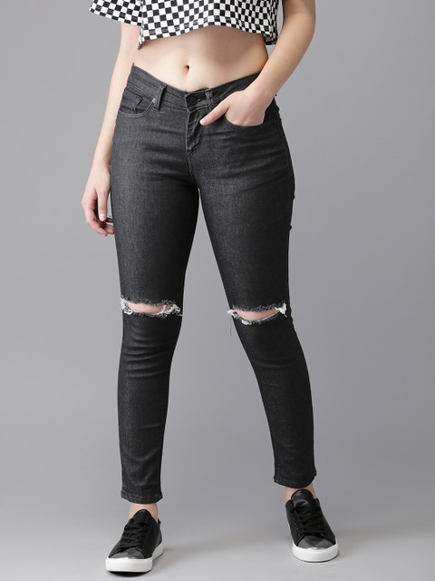 

HERE&NOW Women Charcoal Grey Skinny Fit Mid-Rise Cropped Slash Knee Stretchable Jeans