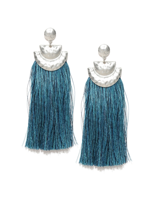 

Blueberry Blue & Silver-Toned Tasselled Drop Earrings