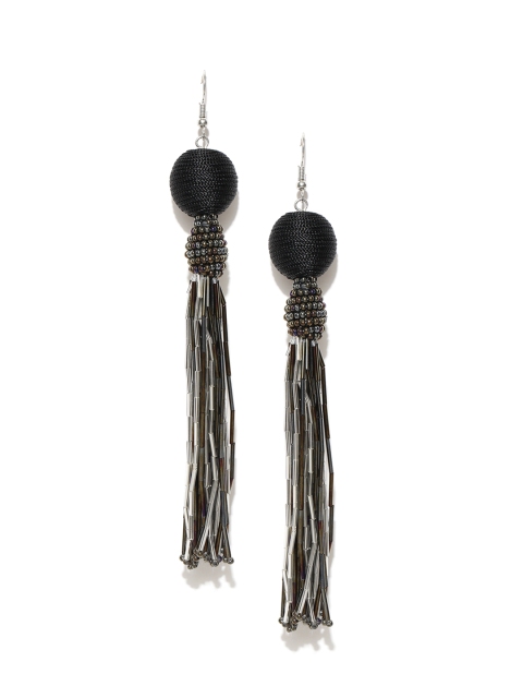 

Blueberry Black & Silver-Toned Beaded Tasselled Drop Earrings