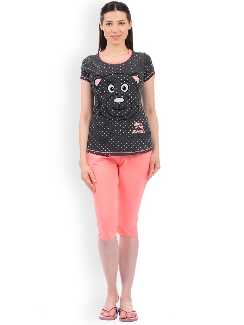 

Sweet Dreams Women Charcoal Grey & Coral Pink Printed Night suit