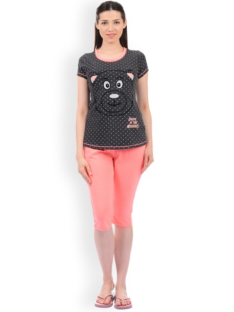 

Sweet Dreams Women Charcoal Grey & Coral Pink Printed Night Suit