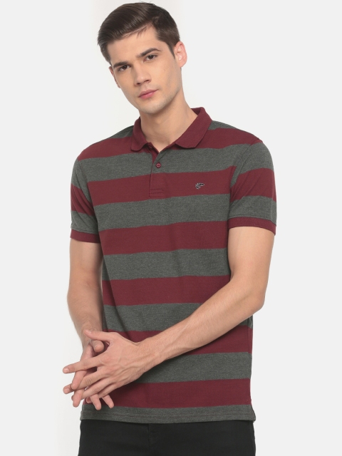 

Ruggers Men Maroon & Grey Striped Polo Collar T-shirt