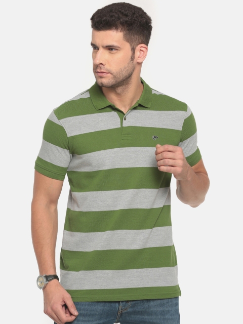

Ruggers Men Olive Green & Grey Striped Polo Collar T-shirt