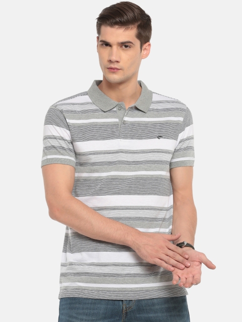 

Ruggers Men Grey Melange & White Striped Polo Collar T-shirt