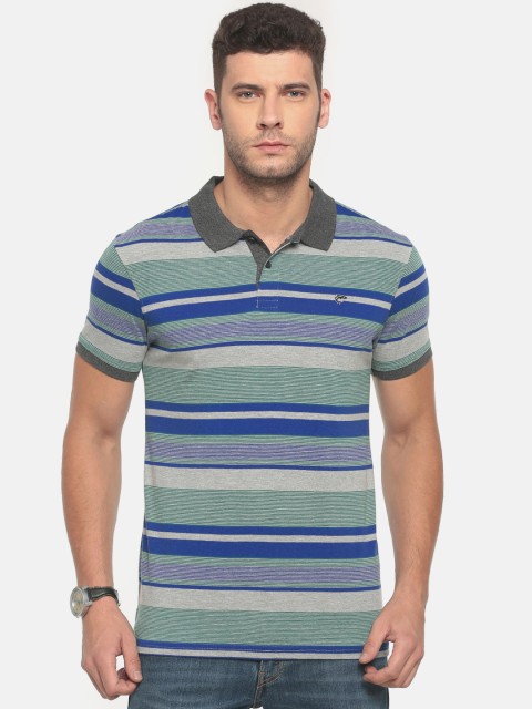

Ruggers Men Grey & Blue Striped Polo Collar T-shirt