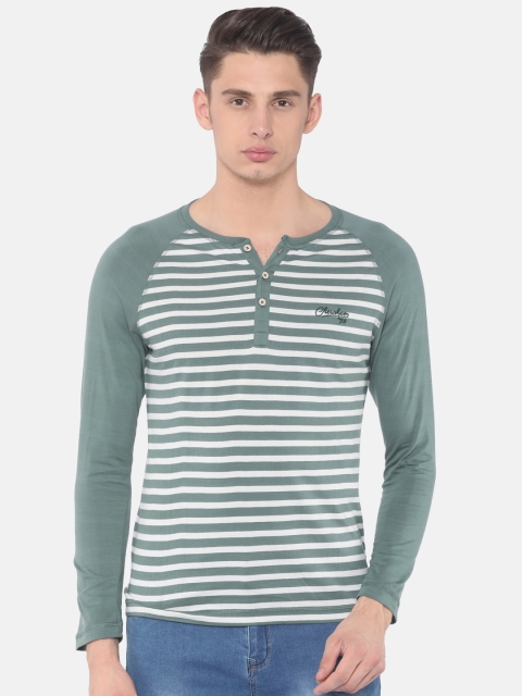 

Cherokee Men Green Striped Henley Neck T-shirt
