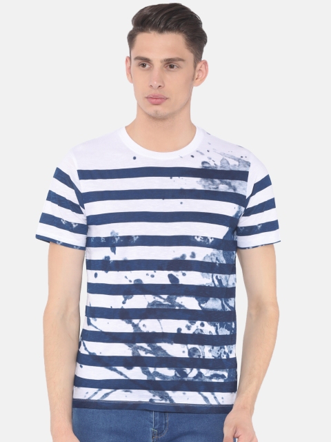 

Cherokee Men White And Blue Striped Round Neck T-shirt