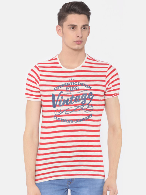 

Cherokee Men Red & Cream Striped Round Neck T-shirt