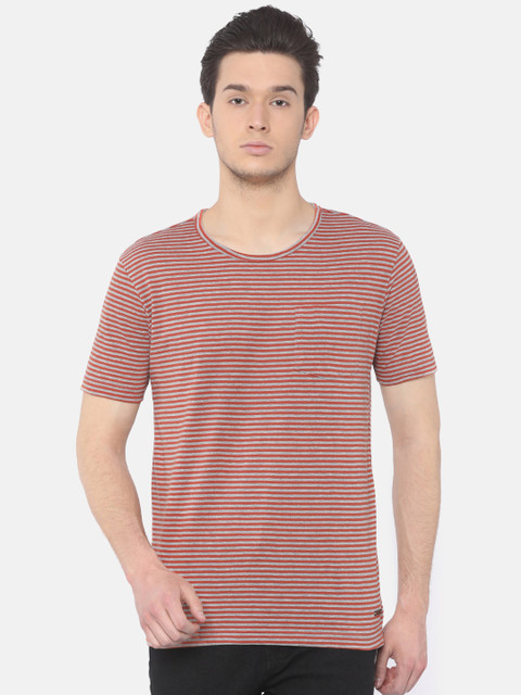 

Cherokee Men Rust Orange & Grey Striped Slim Fit T-shirt
