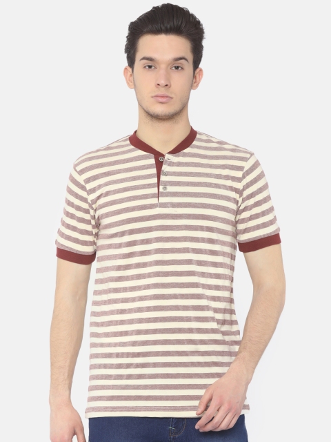 

Cherokee Men Maroon & Cream-coloured Striped Henley Neck T-shirt