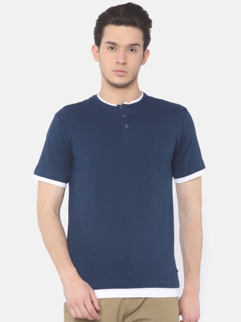 

Cherokee Men Navy Blue Self Design Henley Neck T-shirt
