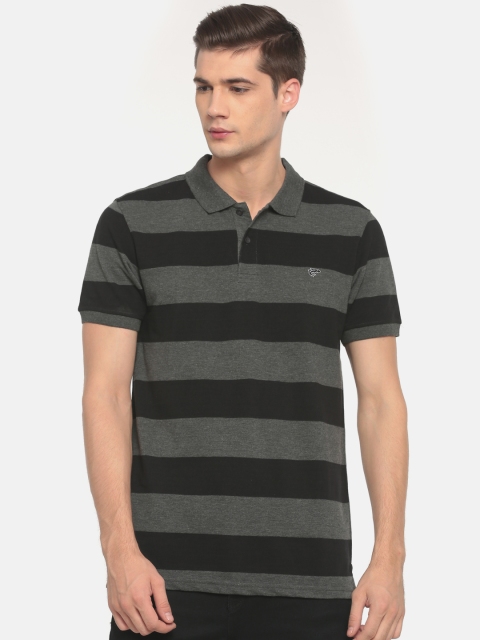 

Ruggers Men Black & Charcoal Grey Striped Polo Collar T-shirt