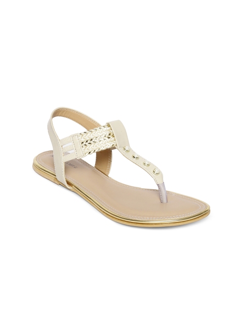 

Marc Loire Women Cream-Coloured Solid Synthetic T-Strap Flats