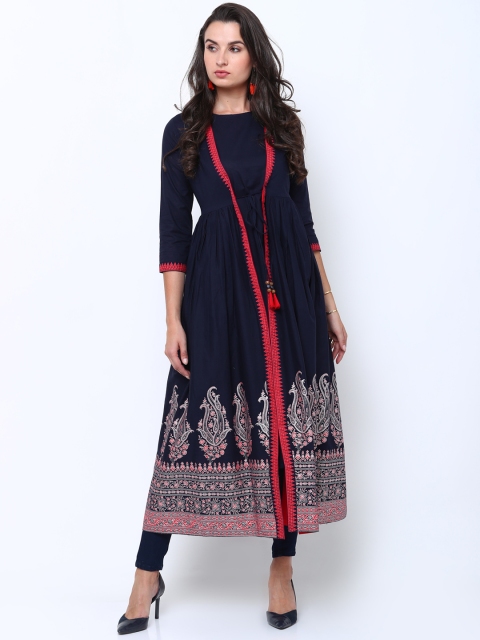 

Vishudh Women Navy Blue & Red Anarkali Kurta with Ethnic Jacket