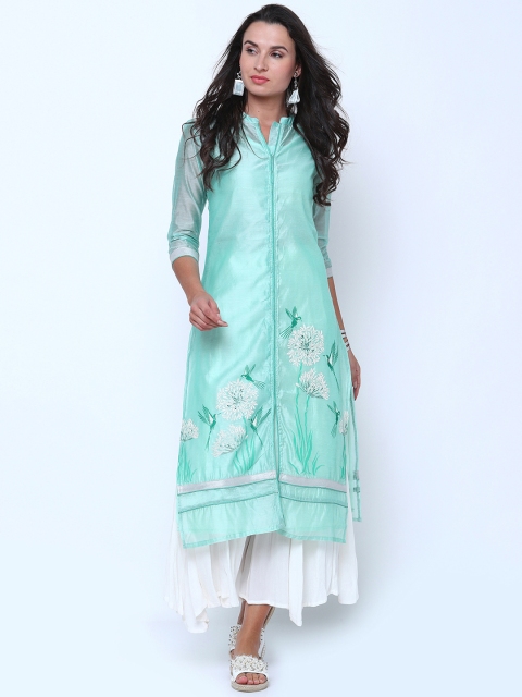 

Vishudh Women Green & Cream-Coloured Solid Straight Kurta, Sea green