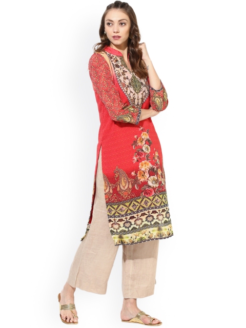 

Sangria Women Coral Printed Straight Kurta