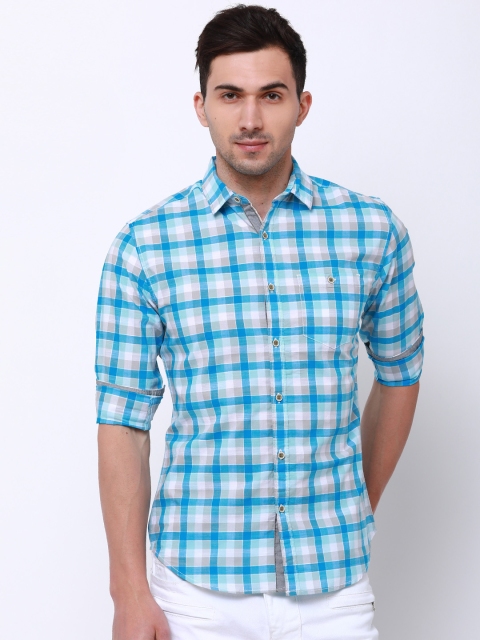 

LOCOMOTIVE Men Blue & Teal Slim Fit Checked Casual Shirt