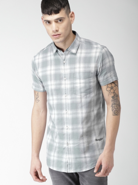 

LOCOMOTIVE Men Grey & White Slim Fit Checked Casual Shirt