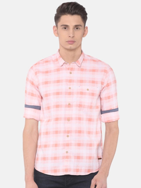 

Cherokee Men Coral Orange & White Contemporary Regular Fit Checked Casual Shirt