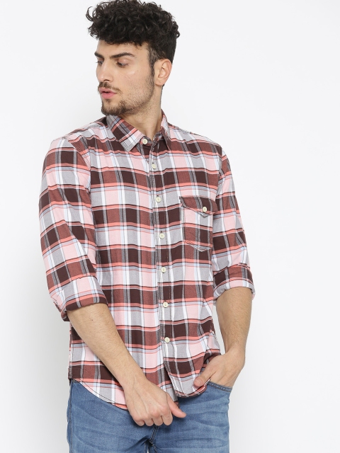 

Cherokee Men Brown & Coral Orange Slim Fit Checked Casual Shirt