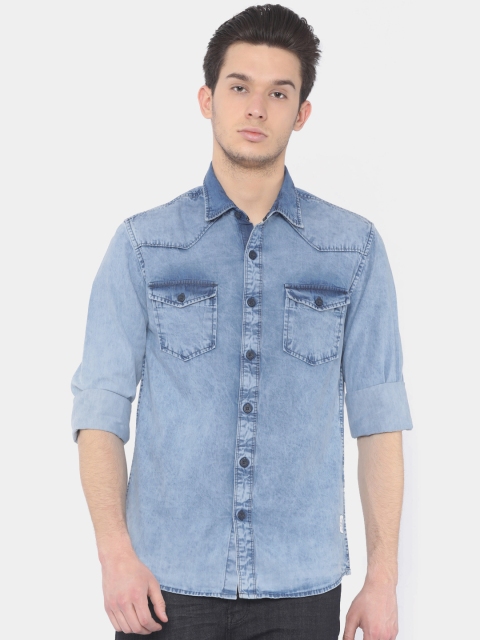 

Cherokee Men Blue Chambray Contemporary Slim Fit Solid Casual Shirt