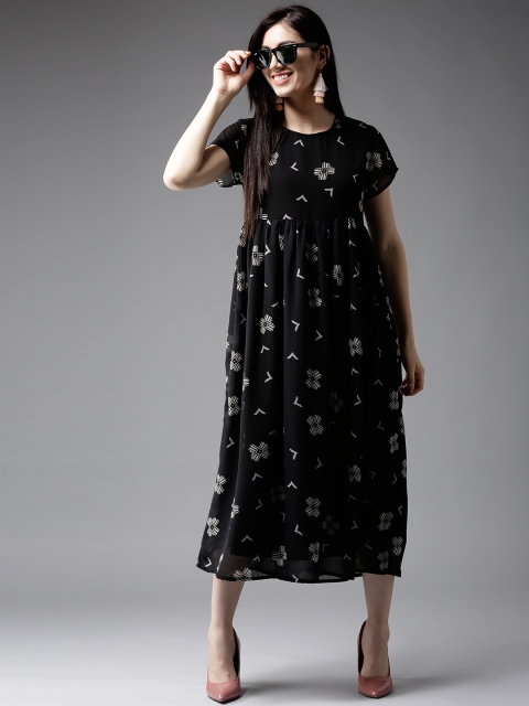 

HERE&NOW Women Black Printed A-Line Dress