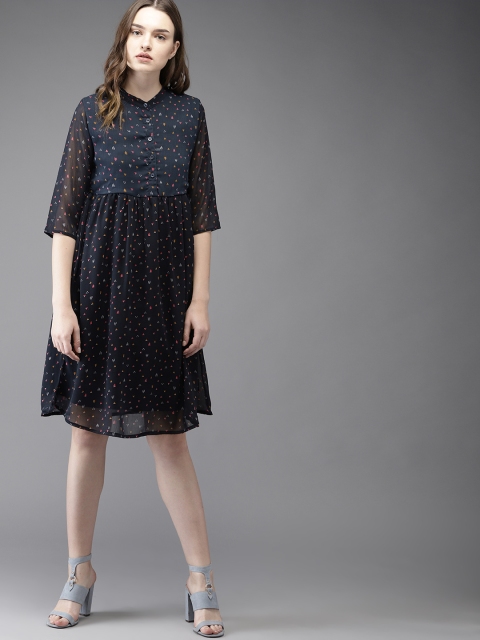 

HERE&NOW Women Navy Printed A-Line Dress, Navy blue