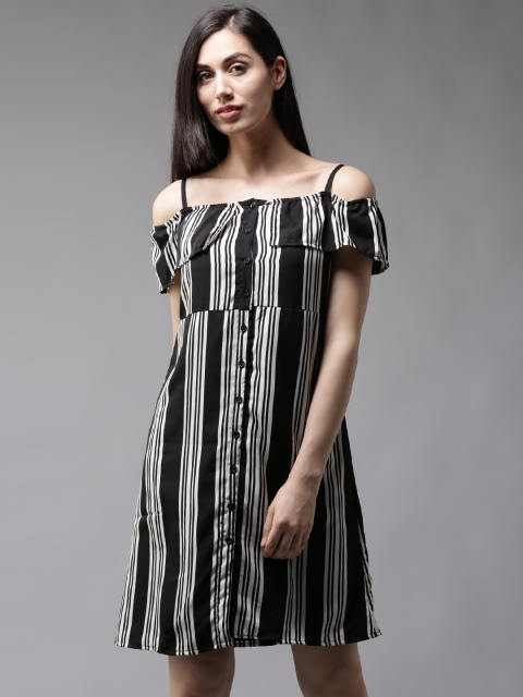 

HERE&NOW Women Black & White Striped Off-Shoulder A-Line Dress