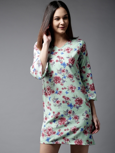 

HERE&NOW Women Mint Green Floral Print Shift Dress