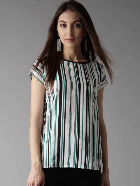 

HERE&NOW Women White & Green Striped Styled Back Top
